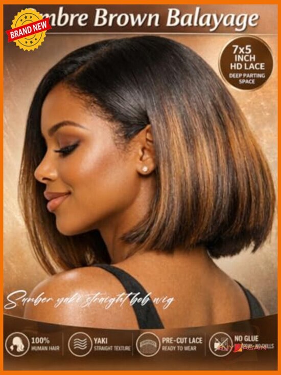 Yaki Straight Bob Glueless Lace Front Wig Human Hair Pre Cut 7x5 main image 4